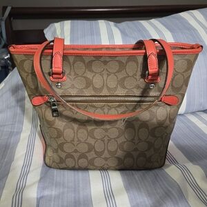 Coach Brown and Red Monogrammed Tote